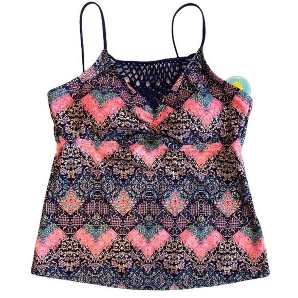 ISLAND SOUL Macrame Navy Multicolor Metallic Pattern Tankini Top